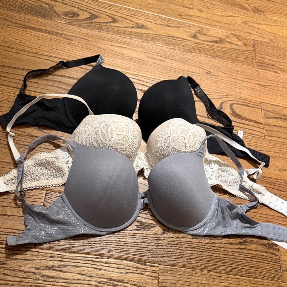3 Victoria's Secret Elegant Black, Cream, and Gray Bra Trio excellent condition